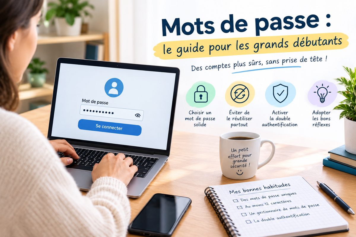 Une femme assise à un bureau utilise un ordinateur portable. L'écran affiche un formulaire de connexion avec un champ "Mot de passe" et un bouton "Se connecter".