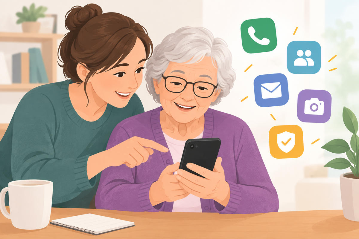 Une femme aide une personne âgée à utiliser son smartphone. L’ambiance est chaleureuse et rassurante