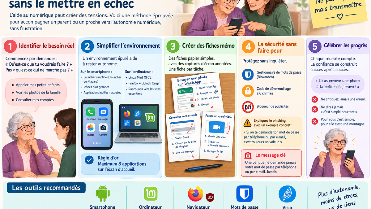 une infographie chaleureuse montrant un proche âgé accompagné avec bienveillance dans son apprentissage du numérique.